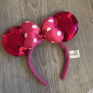 Disney Parks Pink Sequin Minnie Mouse Ears Headband with Polka Dot Bow